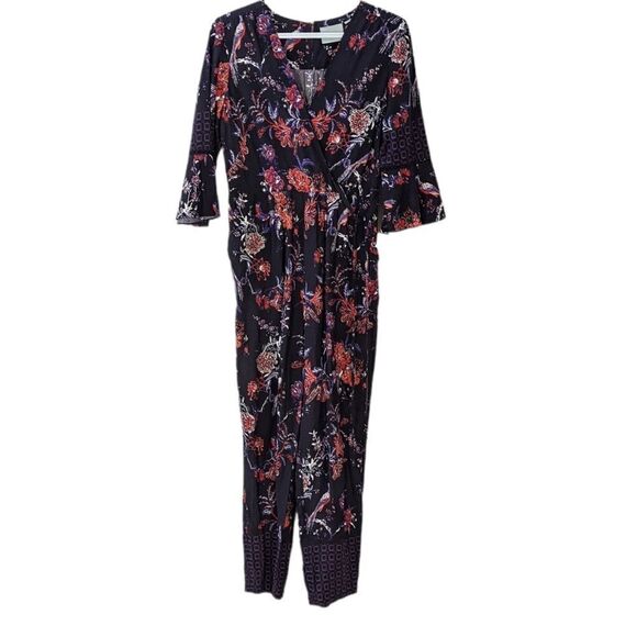 ANTHROPOLOGIE Maeve Espoir Jumpsuit Purple Bird Floral BellSleeve Romper 6p Us@L - Picture 4 of 11